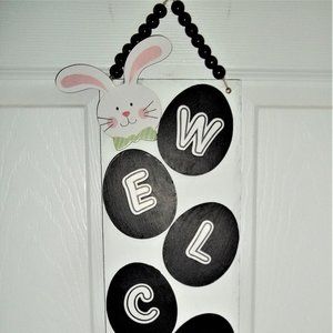 NEW Farmhouse EASTER black white egg bunny hanging decoration 21.5" X 7.5"